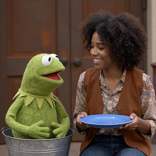 Woman Smiling at Green Muppet in Bucket