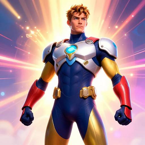 Photorealistic CGI of a muscular, young white man with brown hair, wearing a blue and gold superhero suit with red gloves and silver shoulder armor,
