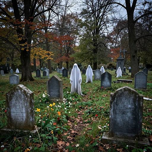 Photograph of a spooky graveyard with white ghostly figures among autumn-colored trees, weathered tombstones, and vibrant wildflowers in the foreground.