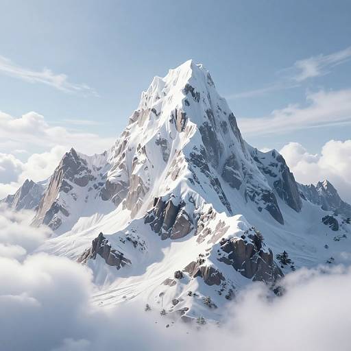 Photograph of a majestic snow-covered mountain peak with rugged rocks, surrounded by fluffy white clouds and bright blue sky.