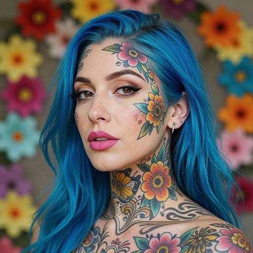 Vibrant Blue-Haired Tattooed Woman