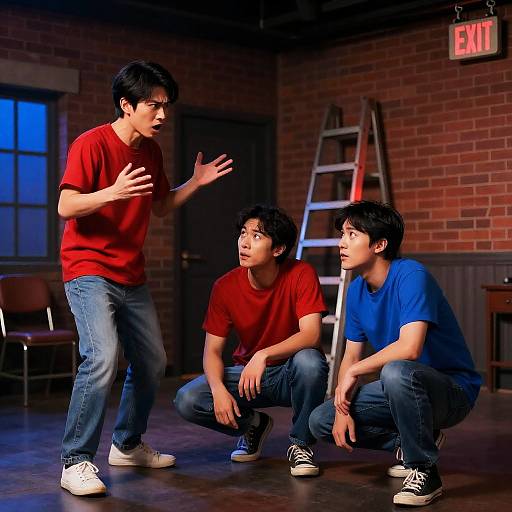 Three Animated Men in Dim Room