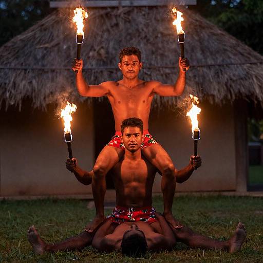 Intense Fire Dance of Three Men