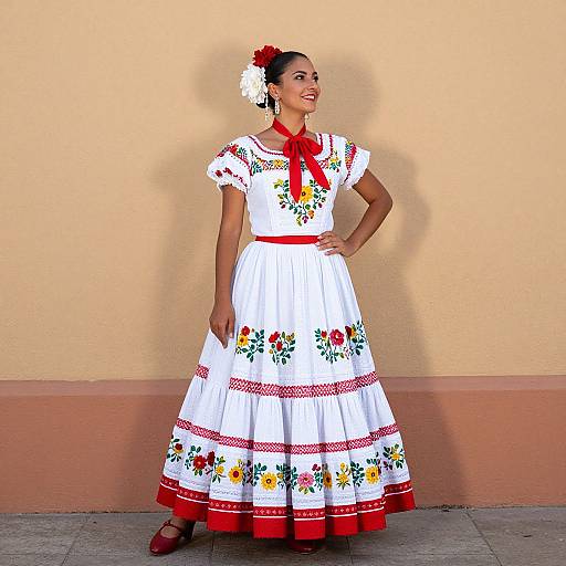 Photograph of a smiling Latina woman in a white, floral-embroidered, traditional Mexican dress with red accents, standing against a beige wall.