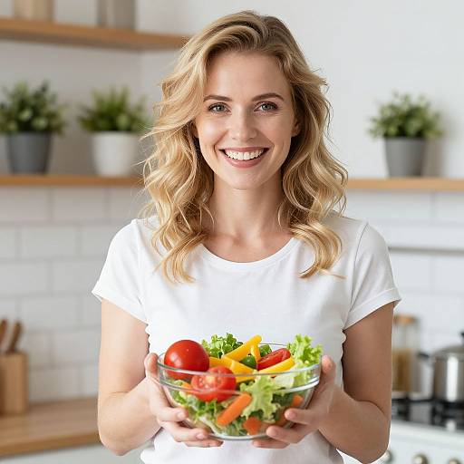 Blonde woman with wavy hair, smiling, wearing white shirt, holding colorful salad of tomatoes, bell peppers, and lettuce in modern kitchen.