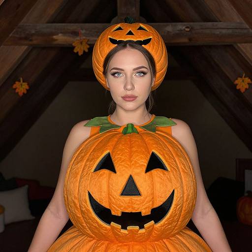Photograph of a fair-skinned woman in a Halloween costume with large, carved pumpkin hats and dress, smiling in a dark, wooden attic.
