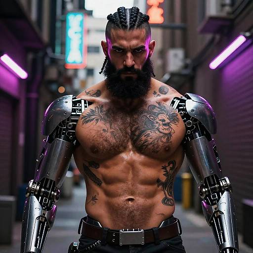 Photorealistic digital art of a muscular, bearded, tattooed man with cybernetic arms, standing in a neon-lit urban alleyway