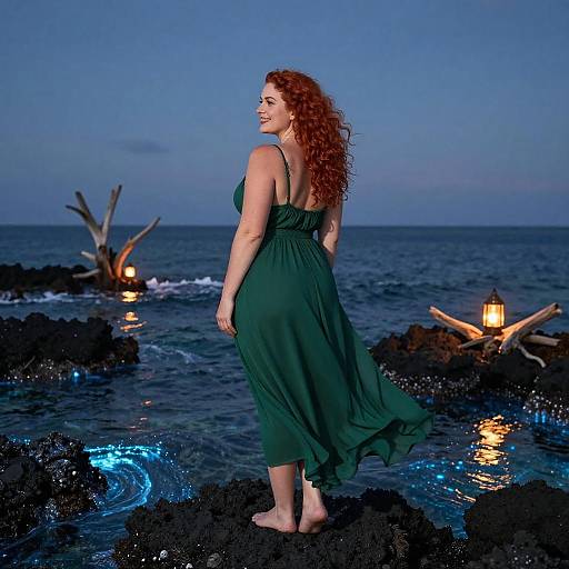 Photorealistic Redhead in Bioluminescent Tidepool