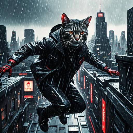 Cyberpunk Cat Burglar in Rainy City