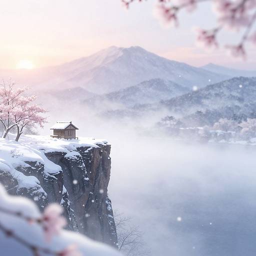 Photograph of a snow-covered cliff with a traditional Japanese wooden pavilion on top, surrounded by misty mountains and snowflakes, with cherry bloss