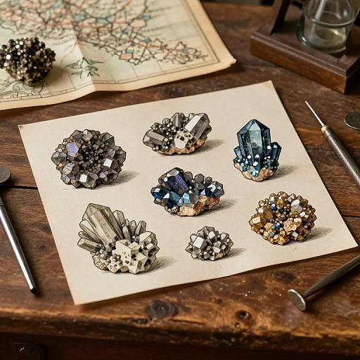 Photograph of six intricately designed crystal clusters on beige paper, arranged on a wooden table with map, tools, and glass jar.