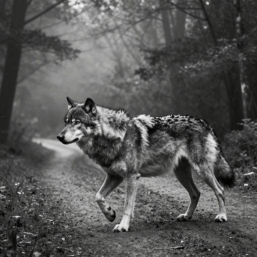 Black-and-white photograph of a walking wolf with detailed fur, on a misty forest path, surrounded by trees and fog.