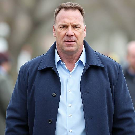 Photograph of a middle-aged white man with short brown hair, wearing a dark navy coat over a light blue button-up shirt, standing outdoors with a