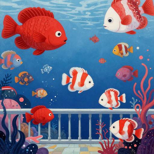 Vibrant digital illustration of colorful fish, including red, white, and striped varieties, swimming around a white railing in a blue underwater scene with coral