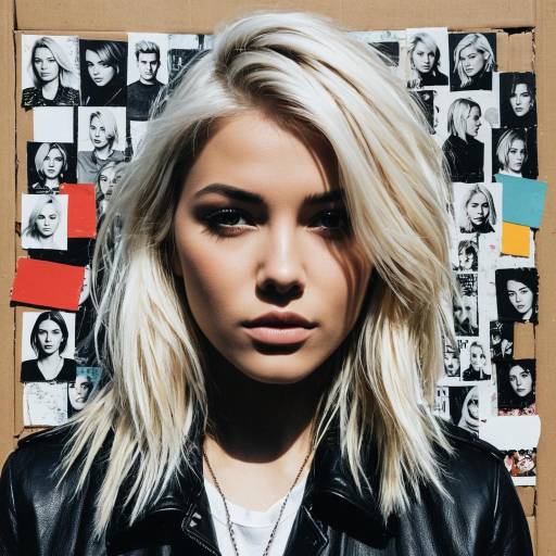 Platinum Blonde Woman Portrait with Collage Background