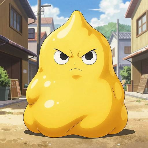 Digital illustration of a yellow, blob-like creature with an angry expression, standing in a sunlit, narrow Japanese street with traditional buildings.