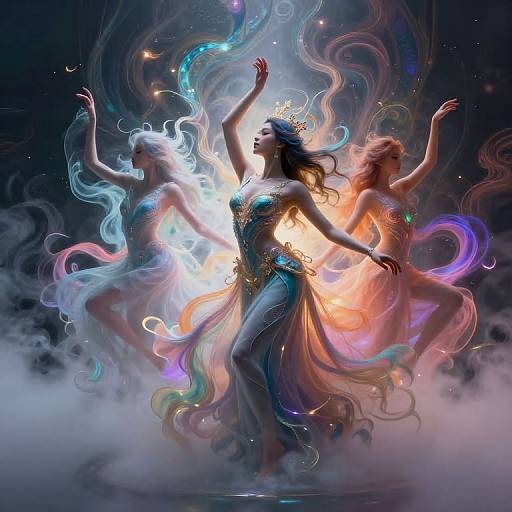 Digital art of three ethereal, glowing goddesses with flowing, multi-colored hair and dresses, crowned, dancing in a swirling, misty, celestial