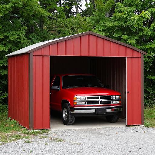 Photograph of a bright red, vintage pickup truck parked in a red wooden garage with a gabled roof, surrounded by lush green trees and a gravel