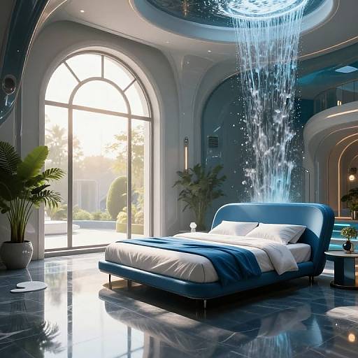 Luxurious bedroom with blue modern bed, white pillows, blue blanket, large arched window, marble floor, and ceiling water feature.