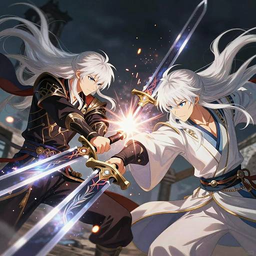 Epic Anime Battle with White-Haired Warriors