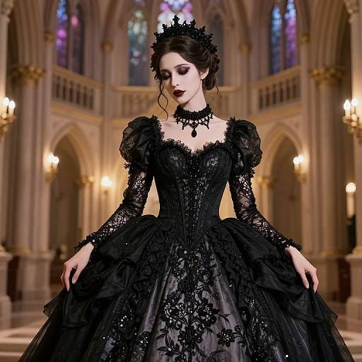 Digital artwork of a pale-skinned woman in a detailed black Gothic lace gown and crown, standing in a grand, ornate cathedral.