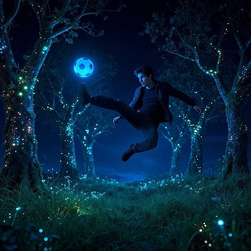 Photograph of a man in a dark suit, mid-air kick, glowing blue soccer ball, surrounded by illuminated trees at night.