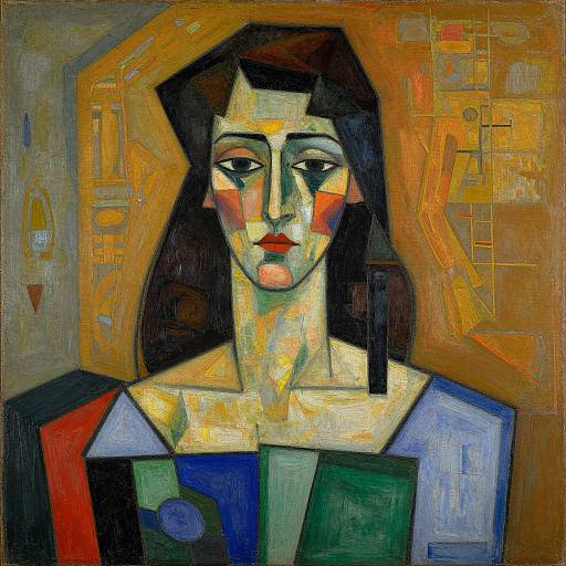 Expressionist painting of a woman with geometric features, abstract colors, and bold shapes; brown hair, red cheeks, orange-brown background.