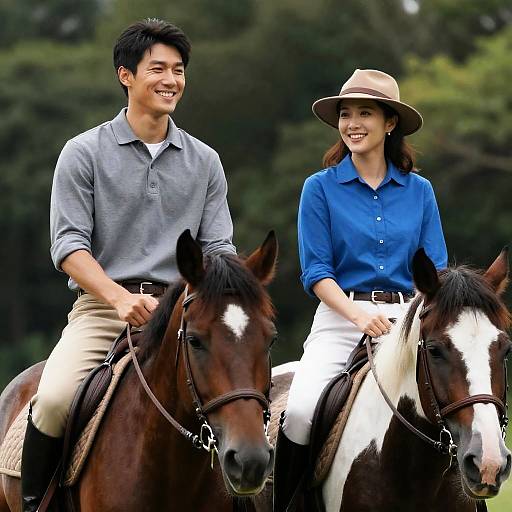 Joyful Horseback Riding Couple in Nature