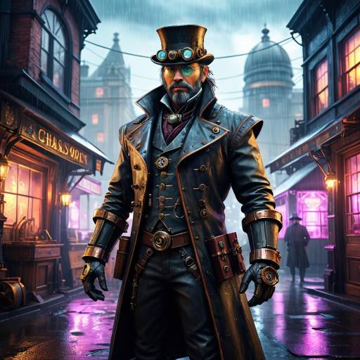 Steampunk Man in Leather Coat and Top Hat in Rainy Victorian Street