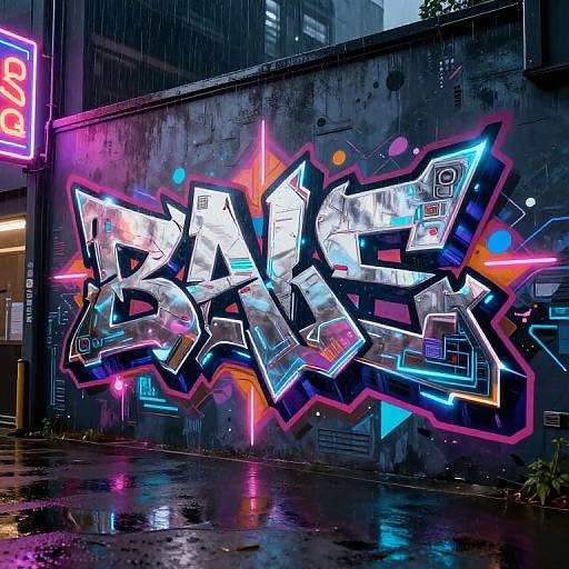Graffiti-covered concrete wall in a rainy urban alley, neon lights, colorful abstract tags, reflective wet pavement, neon sign in the background.