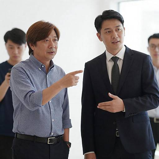 Two Men Indoors Pointing and Gesturing