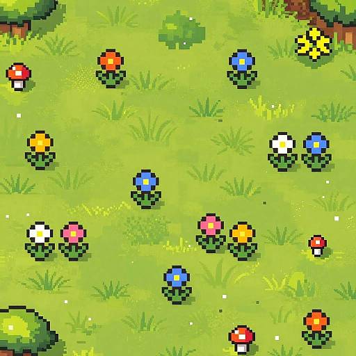 Pixel art of a vibrant green grass field with colorful flowers (red, orange, yellow, blue, white, pink) and small plants scattered across.