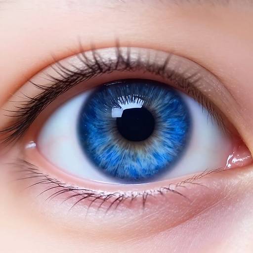 Close-up photograph of a vibrant blue eye with detailed iris patterns, long black lashes, and a reflective white highlight in the pupil.
