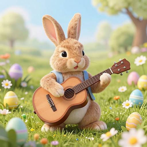 Cute, brown bunny with blue vest playing small acoustic guitar in sunny, colorful grassy field with Easter eggs and flowers. Digital illustration.