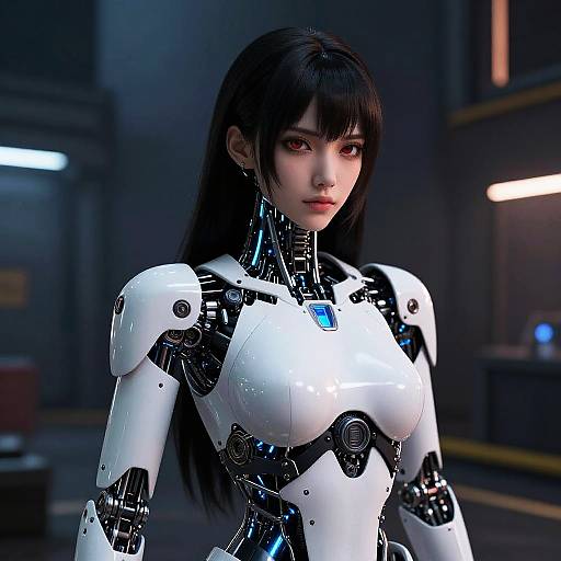 CGI image of a beautiful, black-haired, red-eyed woman with white and black robotic armor in a dimly lit industrial setting.