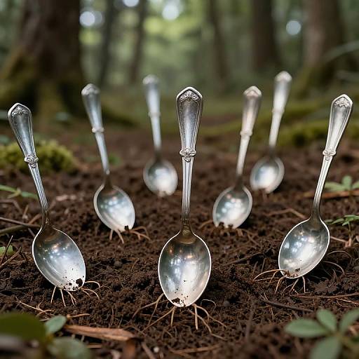 Photograph of six transparent, ornate glass spoons with glowing interiors, standing upright in a forest floor of dark, rich soil and moss.