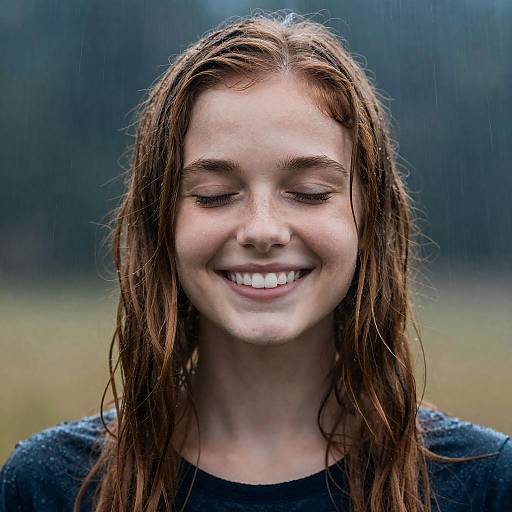 Auburn-Haired Woman Smiling in Rain