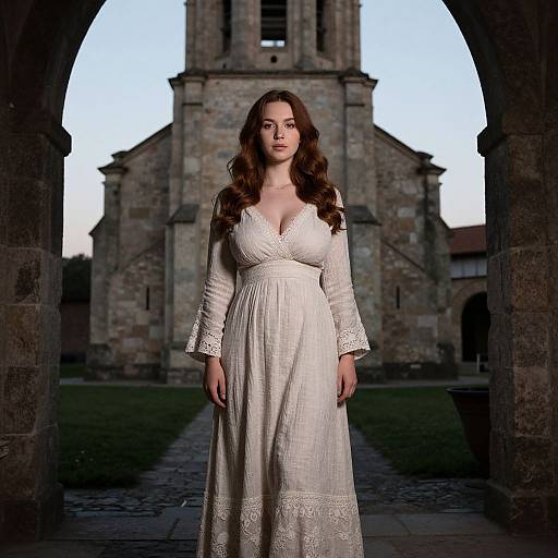 Photograph of a fair-skinned woman with long brown hair, wearing a white, lace-trimmed, long-sleeve dress, standing under