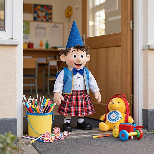 Photograph of a cheerful doll wearing a blue cone hat, red plaid skirt, and blue vest, standing in a classroom doorway with a yellow bucket