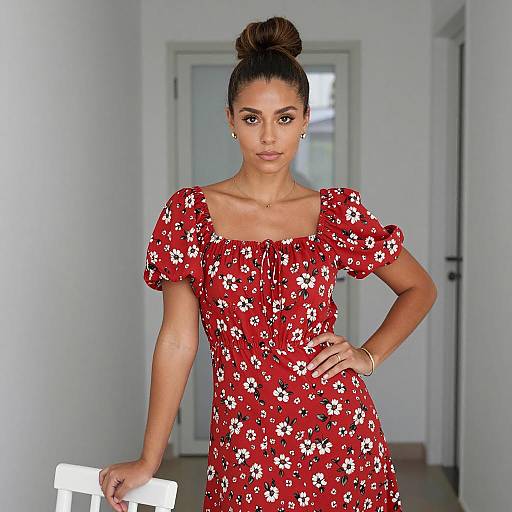 Young Woman in Red Floral Dress Standing Indoors