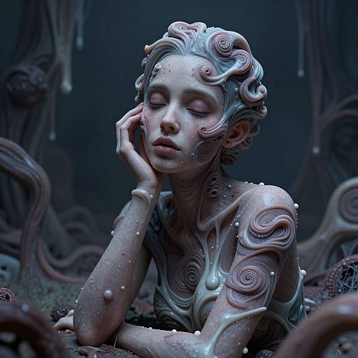 Digital art: ethereal, pale-skinned woman with swirling, translucent hair and eyes closed, in a dark, gooey, surreal forest. Pear