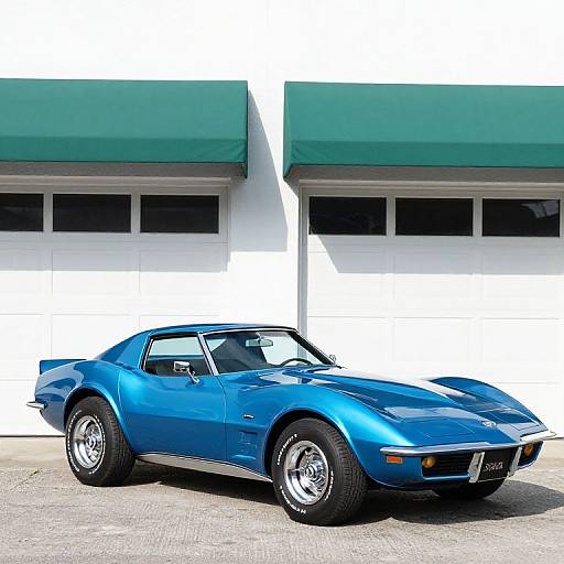 Photograph of a shiny blue classic 1960s muscle car with sleek lines, chrome accents, and black tires, parked in front of a white