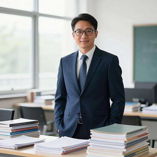 Photograph of an Asian man with short black hair, glasses, and a navy suit, smiling in a bright classroom with large windows, standing beside stacked