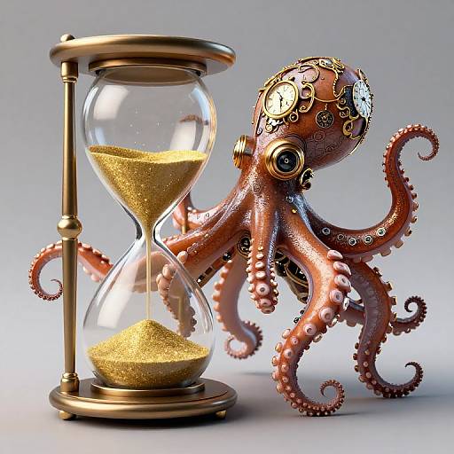 Photorealistic digital artwork of a steampunk-style, ornate pink octopus with clockwork details beside a brass hourglass filled with shimmering
