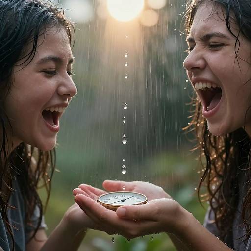 Photograph of two wet-haired, smiling teenage girls holding a small silver cup, catching raindrops, with sunlight filtering through trees in the blurred background.