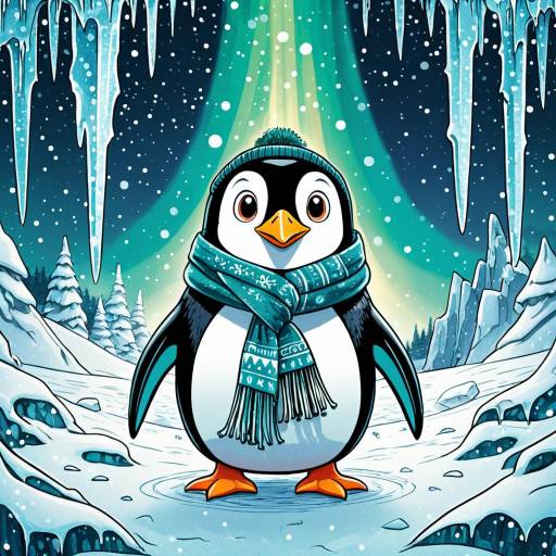 Cute Penguin with Scarf under Northern Lights