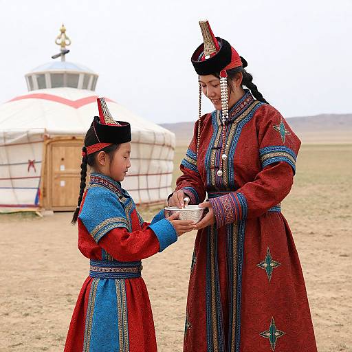 Mongolian Woman and Child Sharing Milk
