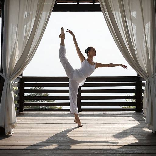 Photograph of a ballet dancer in white leotard and tights, performing a high leg raise, silhouetted against bright sunlight, framed
