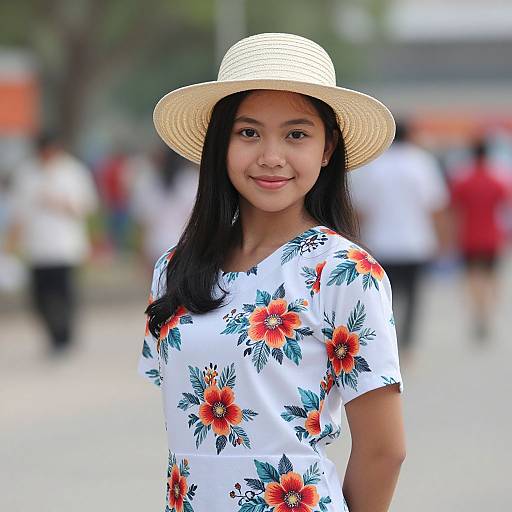 Photograph of an Asian woman with long black hair, wearing a white floral dress and straw hat, smiling in an outdoor urban setting with blurred background.