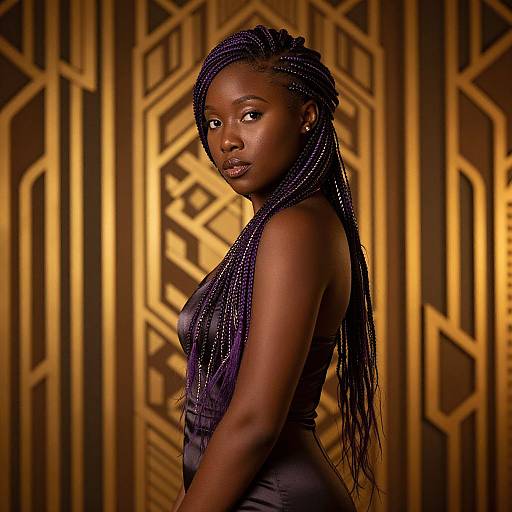 Photograph of a beautiful, dark-skinned woman with long, braided hair wearing a black, sleeveless dress against a golden, geometric-patterned